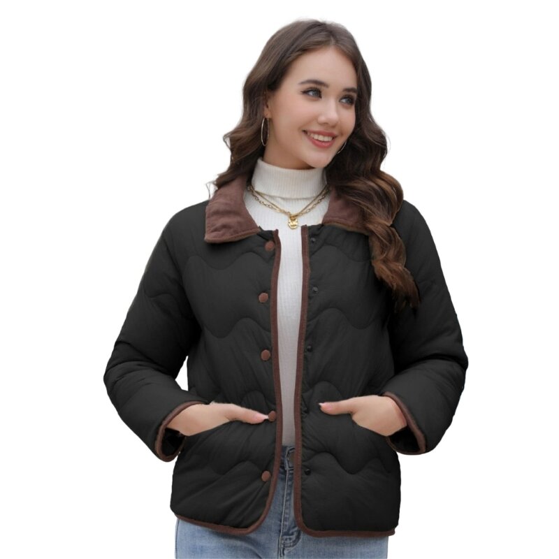 Winter Button Up Loose Lightweight Quilted Puffer with Pockets for Women Dropship