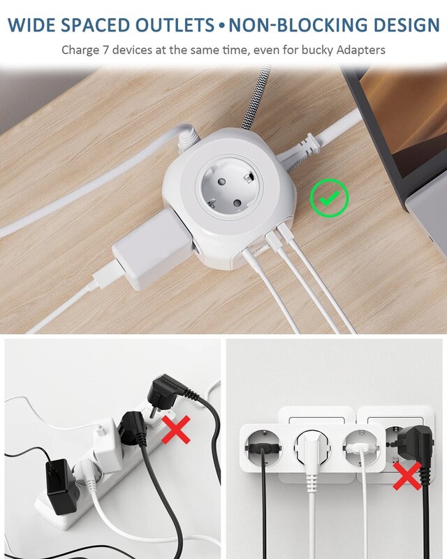 LENCENT Flat EU Plug Power Strip Cube with 4AC Outlets +2 QC3.0 USB+ 1Type C PD20W Fast Charging 2M/3M Braided Cable For Home
