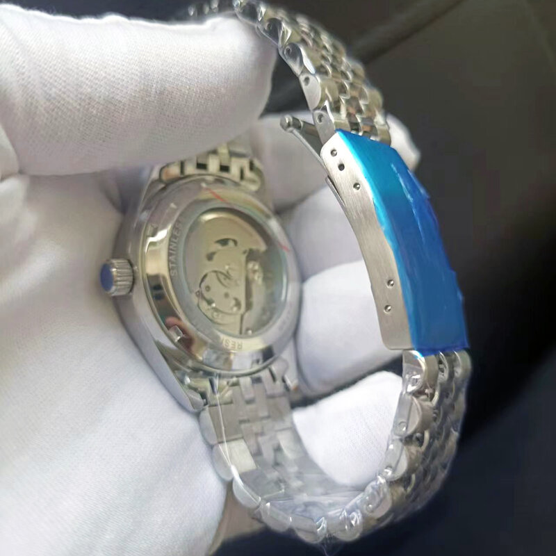 Reloj de pulsera de acero para hombre y mujer, pulsera mecánica resistente al agua, color azul y árabe, Unisex