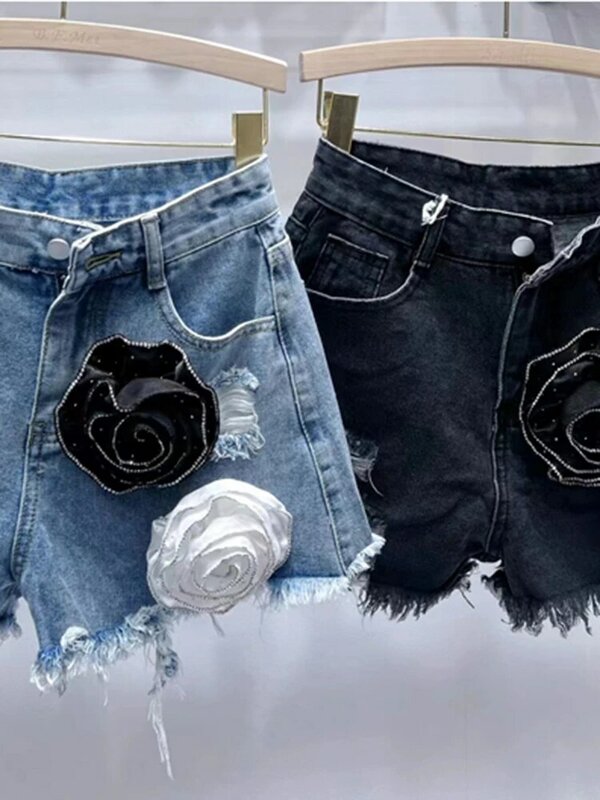 EWQ-shorts jeans florais para mulheres, furo lavado, linha A, calça curta para quadril, roupa de rua, nova moda, primavera e verão, 2024, 16U9079