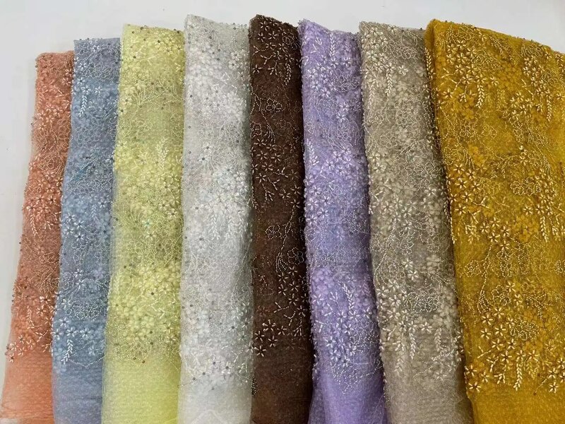 Tissu de dentelle de filet perlé de broderie africaine, matériel de dentelle de marié français NigWin, haute qualité, 5 mètres, 2023