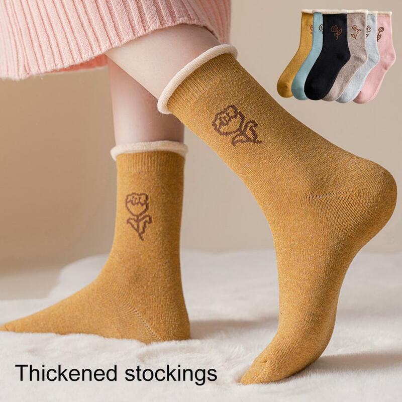 1 paar Mid-Rohr Gerippte Bündchen Hohe Elastizität Frauen Socken Winter Floral Print Verdickt Fleece Futter Thermische Socken Täglichen tragen