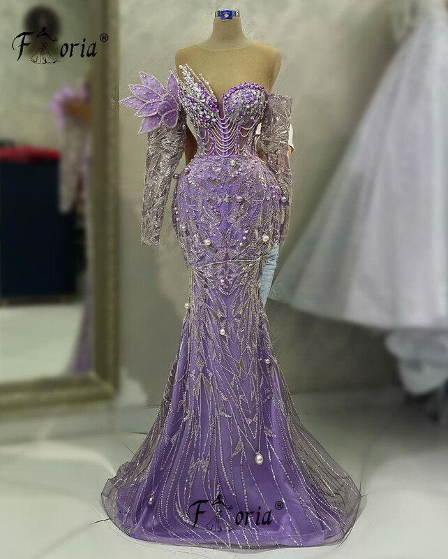 Vestido de noite sereia lilás frisado cristal, mangas compridas, ombro, vestidos de casamento, vestido de baile, Dubai, luxo