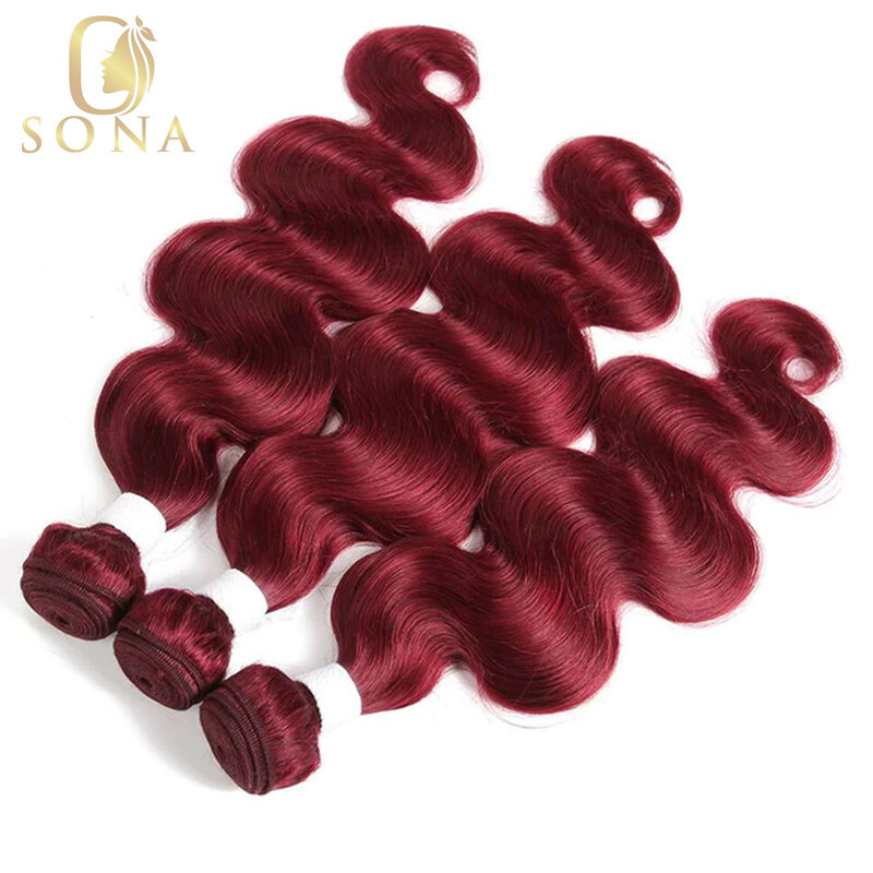 Kolor bordowo-czerwony 99j wiązki ludzkich włosów z zapięciem 13x4 przednie włosy typu Body Wave splot wiązki 3/4 PCS okazje do przedłużania włosów