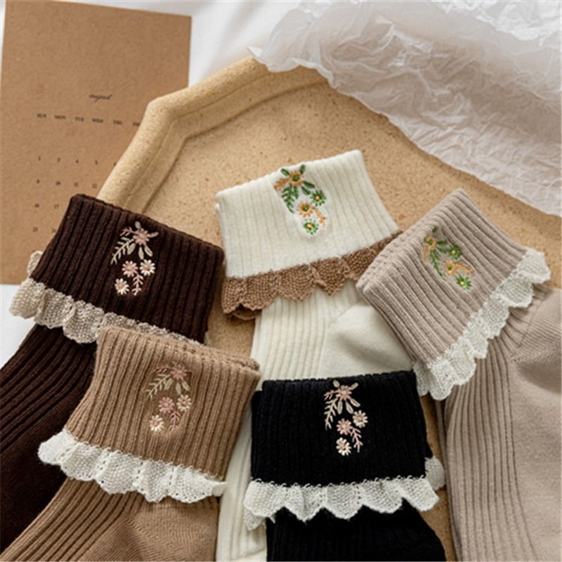 Lote de 5 pares de calcetines tobilleros para mujer, de encaje, bordado de flores con volantes, Vintage, primavera y otoño