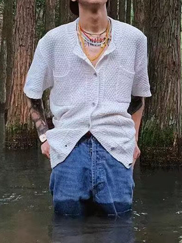 Camisa de tricô de cor sólida na moda masculina, cardigã vintage, camisa design multi bolsos, camisas de malha respirável casual verão