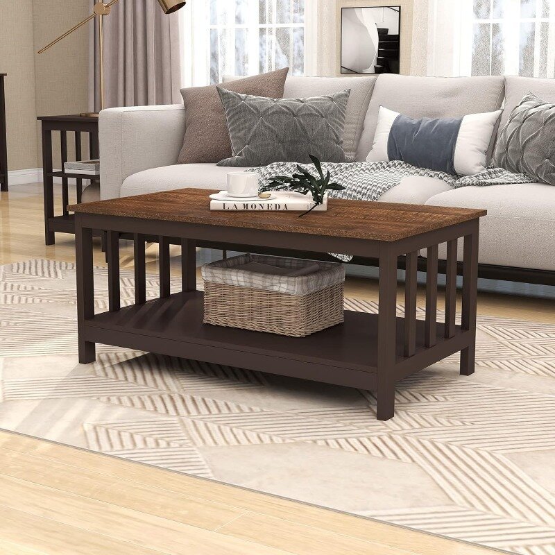 Mission Coffee Table, Black Wood Living Room Table with Shelf