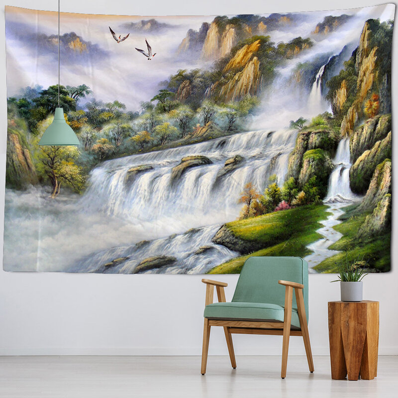 Tapisserie de peinture à l'huile de forêt, paysage de cascade, tissu de tenture murale, décoration de salon, art de la maison 1500