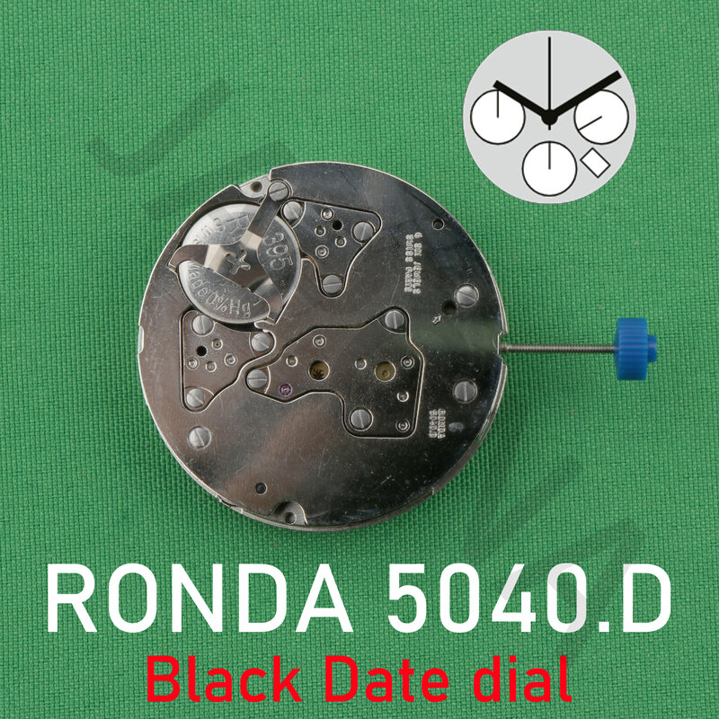 Jam tangan gerakan Ronda 5040.D jam tangan gerakan 5040 suku cadang mesin putih bagian Swiss 6 permata/nikel berlapis hitam tombol tanggal