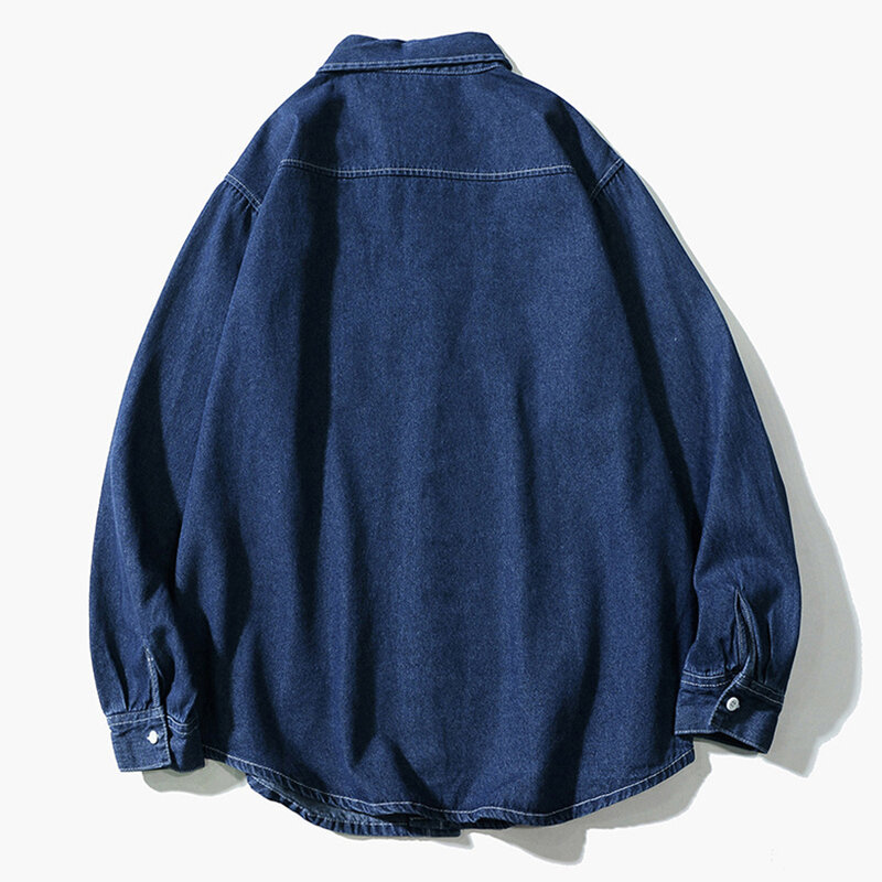 Camisa jeans de algodão lavável masculina, fundo de arco, camisa macia e confortável, blusa universitária varsity, camisas azuis, primavera, 2024