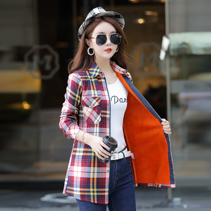 Moda donna oversize caldo pile lungo Plaid camicette allentate manica lunga colletto rovesciato due tasche camicia di velluto M-3XL top