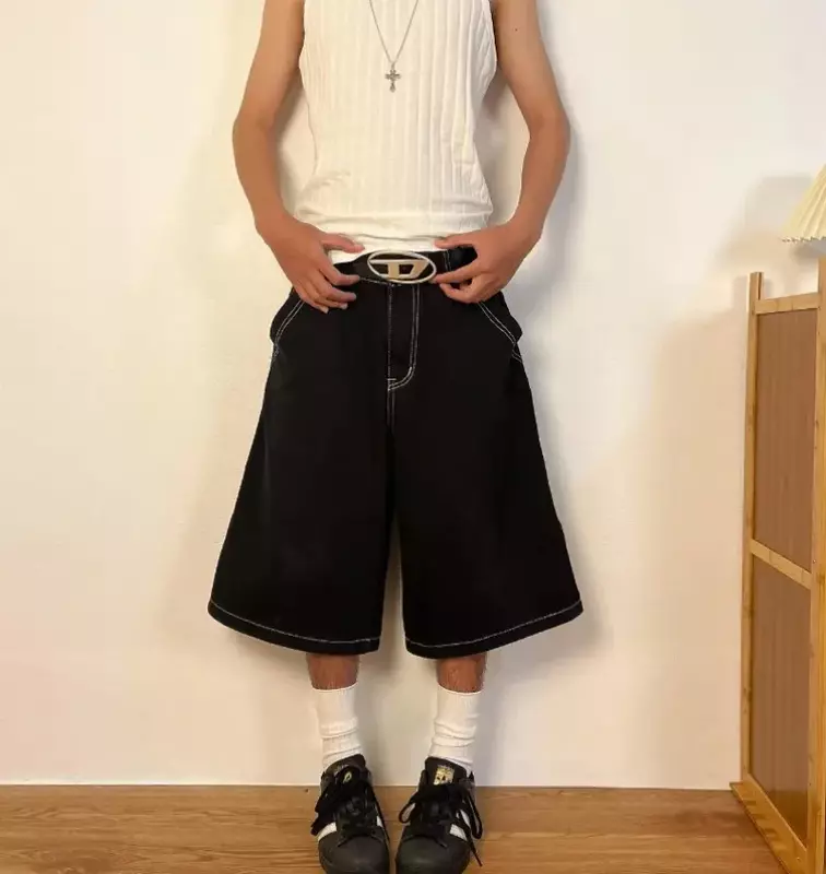 Shorts largos com padrão para homens e mulheres, cintura alta, shorts jeans soltos, harajuku vintage, hip-hop, verão, novo, Y2K