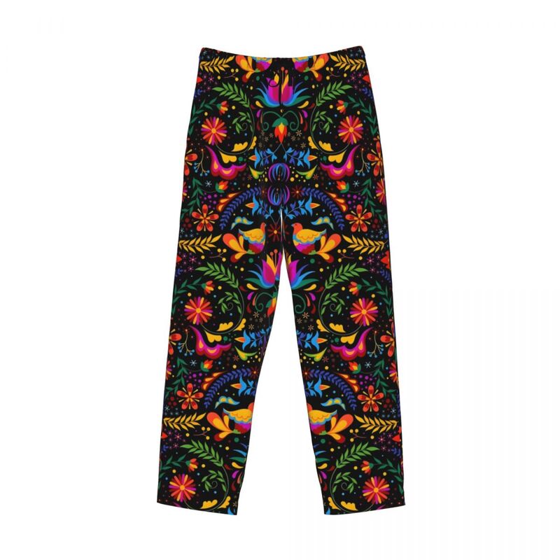Custom Printed Men's Mexican Flowers Otomi And Birds Pajama Pants Sleep Sleepwear Bottoms with Pockets