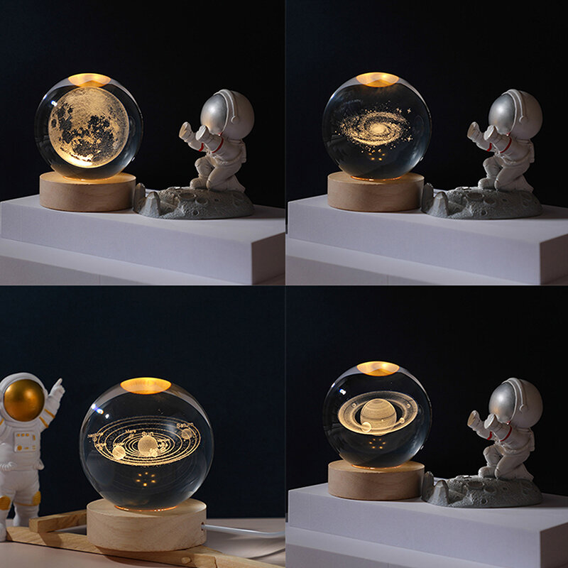Lampu malam bola kristal ukiran dalam 3d, lampu samping tempat tidur daya USB hangat bola kristal astronot galaksi planet lampu malam