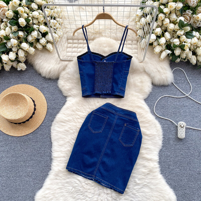 Retro Spicy Girl Style Set Short Camisole Vest Versatile Mini Skirt Denim Two-piece Fashion dress Set  Womens Outfits