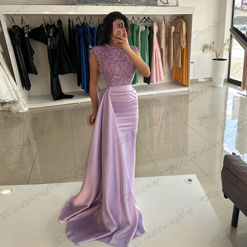 Sexy Gorgeous Satin Evening Dresses For Women Sparkling Beading Mermaid Round Neck Short Sleeved Simple Mopping Prom Gowns 2024