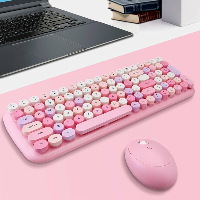 Caderno 2 em 1 teclado sem fio mouse combos 2.4g número sem fio almofada rosa redondo punk mini teclado e mouse kit