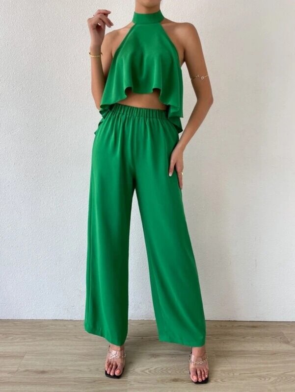 New Fashion Set with Backless High and Low Hem Backless Top and Pants Sexy Two Piece Set Women