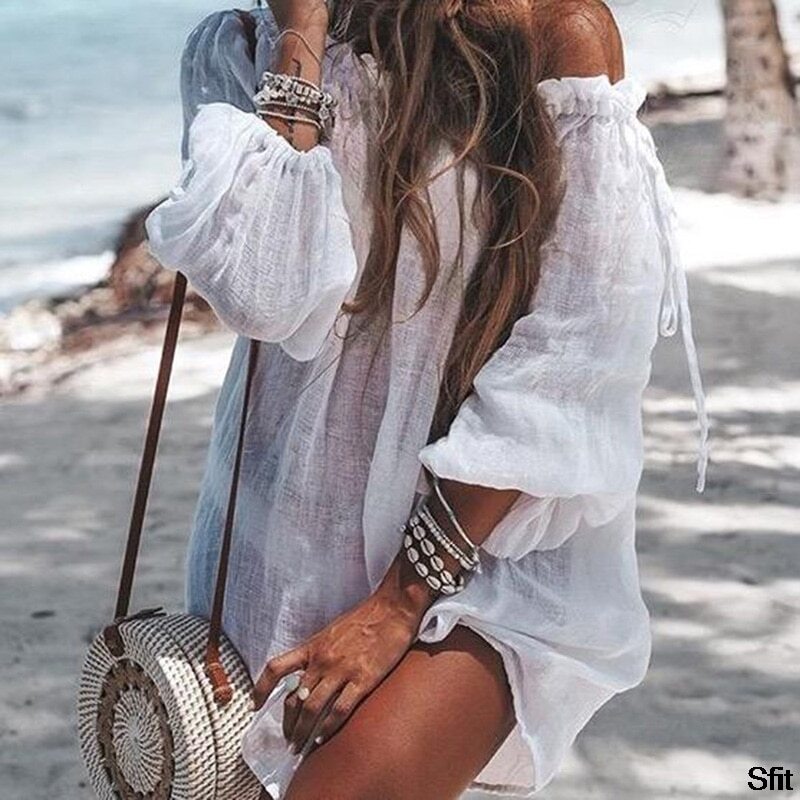 2024 copricostume abito da spiaggia a maniche lunghe copricostume bianco Swim Indie Cotton Beachwear Bikini donna con spalle scoperte tunica nuova