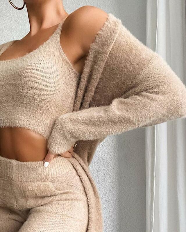 Осенне-зимний модный женский свитер, пижамный комплект, уютная одежда для отдыха, флисовая Пижама с флисовой подкладкой и халат, комплекты одежды для отдыха из 3 предметов