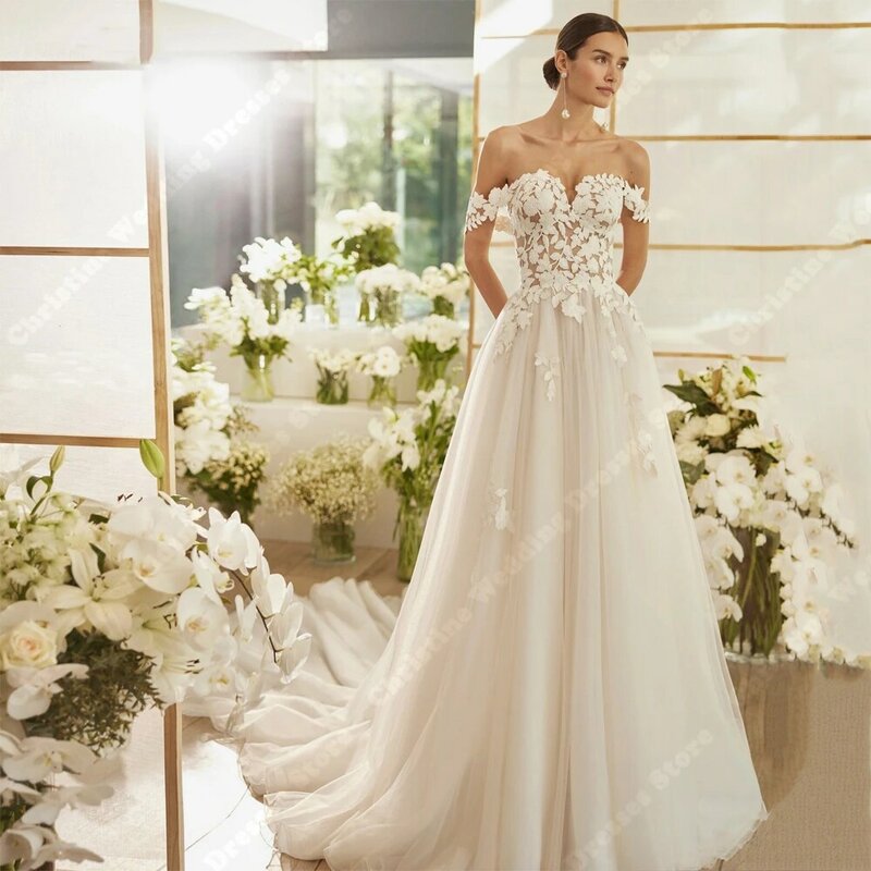 Vestido de noiva a linha A brilhante feminino, Custom Made, Comprimento de esfregar, Princesa, Boêmio, Celebridade, Casamento