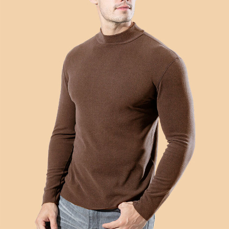 Pulôver slim fit de manga comprida masculino, decote simulado, espessado, elástico, quente, jumper, blusa, camiseta masculina, camisas top, outono, inverno