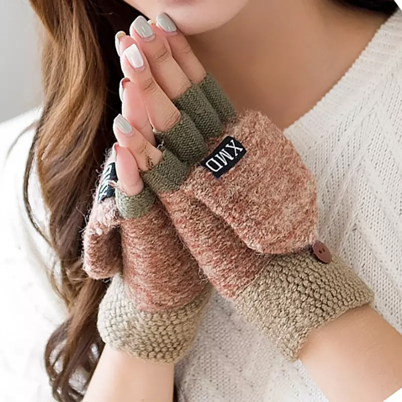 따뜻하고 두꺼운 양모 장갑 여성용, 손가락없이 노출 된 손가락 두꺼운 장갑, 겨울 2020