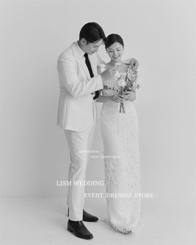 Lism ชุดแต่งงานแบบเกาหลีลูกไม้สี่เหลี่ยม, ชุดแต่งงานแขนกุดสายกว้างหรูหราชุดเดรสเจ้าสาวภาพถ่ายเปลือยหลังสำหรับถ่ายภาพ