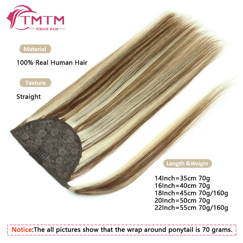 6/613# Ponytail Human Hair Extensions Wrap Around Ponytail Chestnut Brown Highlight Golden Blonde Clip in Ponytail Extensions