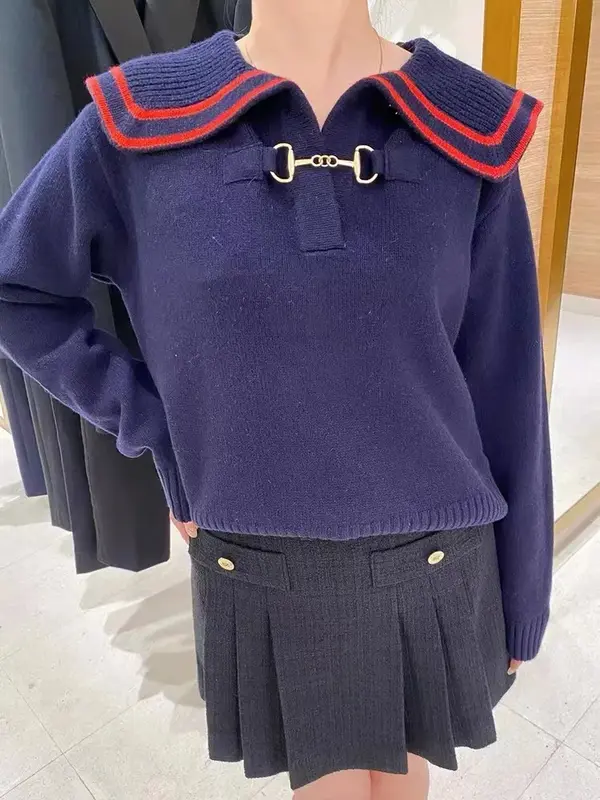 Suéter de punto de manga larga para mujer, cuello marinero de Color de contraste, cadena de Metal, Jersey informal
