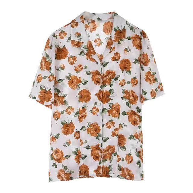 Chemisier imprimé floral pour femmes et hommes, chemises de plage, manches courtes, chemise cubaine, été, 2024