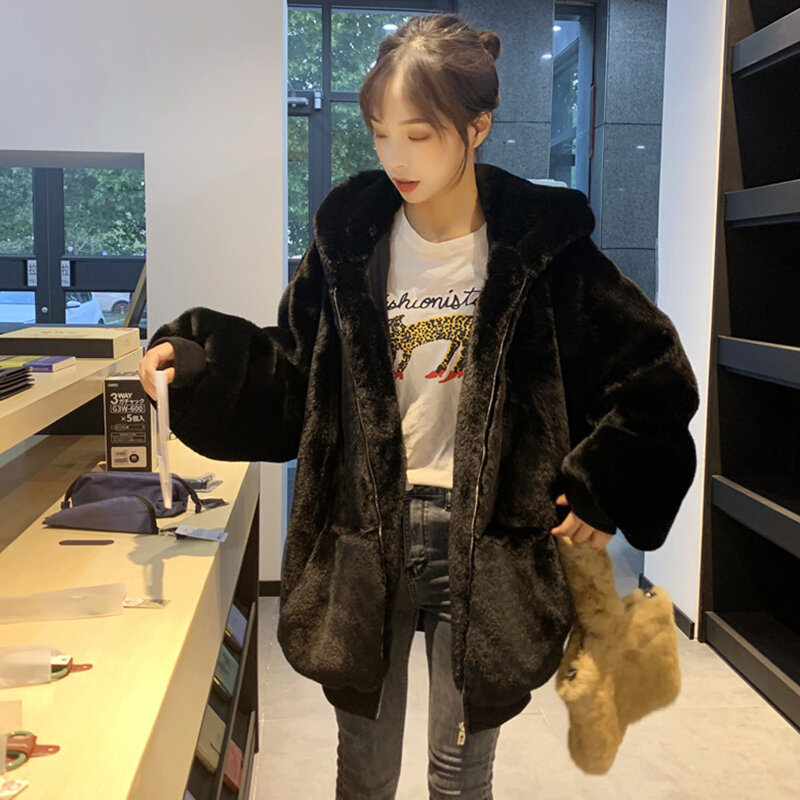 Manteau à capuche en fourrure de lapin pour femme, pardessus chaud, sweat-shirt étudiant, veste en peluche coréenne, nouveau, hiver, 2024