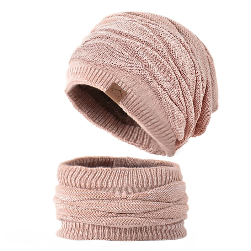 Topi Beanie syal wol untuk pria wanita, Set syal Beanie hangat untuk musim dingin, topi benang wol lapisan bulu, Pelindung kaki leher rajut, warna Solid, desain uniseks, grosir