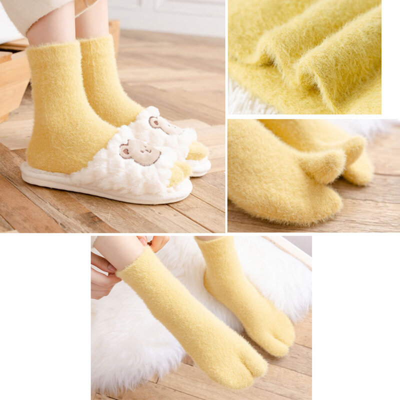 Meias de lã de vison de dois dedos para mulheres, meias quentes de inverno espessadas, tubo médio, dedo do pé dividido, cor sólida, moda, 1 par