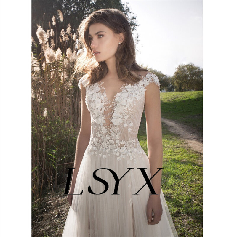 LSYX-Boho فستان زفاف بأكمام كاب ، رقبة عميقة على شكل v ، تول لامع ، زر الوهم ، ظهر a-line ، فتحة جانبية عالية ، ذيل محكمة