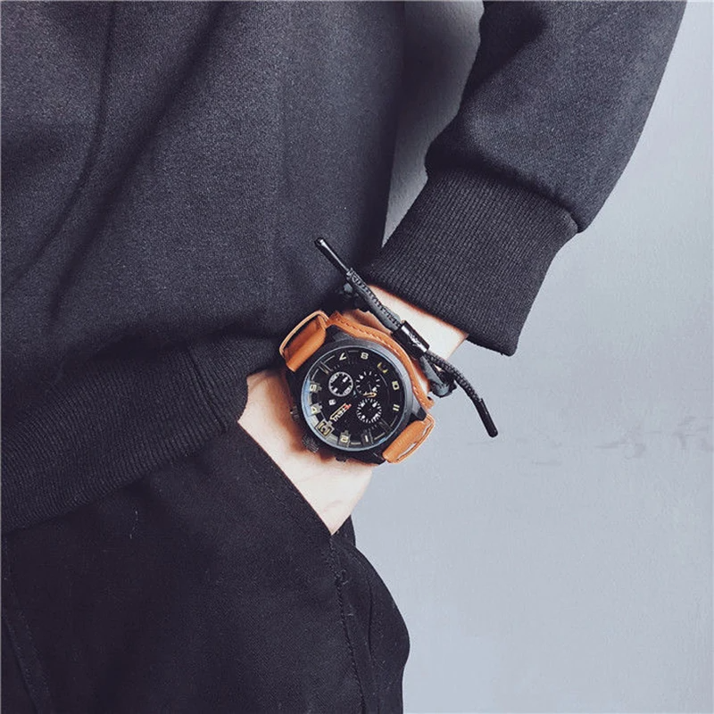 Yikaze นาฬิกาสายหนังหรูหราสำหรับผู้ชาย, นาฬิกาข้อมือควอตซ์คลาสสิกย้อนยุคนาฬิกาข้อมือธุรกิจหน้าปัดขนาดใหญ่สำหรับผู้ชาย
