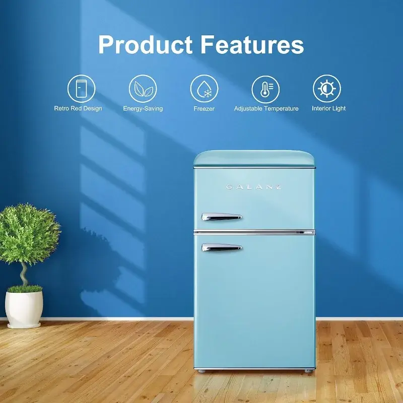 Refrigerador compacto Galanz Retro, Mini refrigerador com portas duplas, Termostato mecânico ajustável, Azul, 3.1 Cu, FT, Congelador