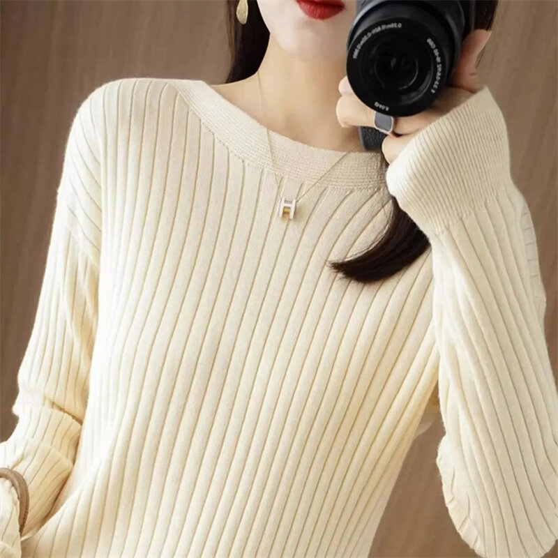 Suéter de punto con cuello redondo para mujer, jersey de manga larga, blusa elástica suave, moda de otoño, 2024