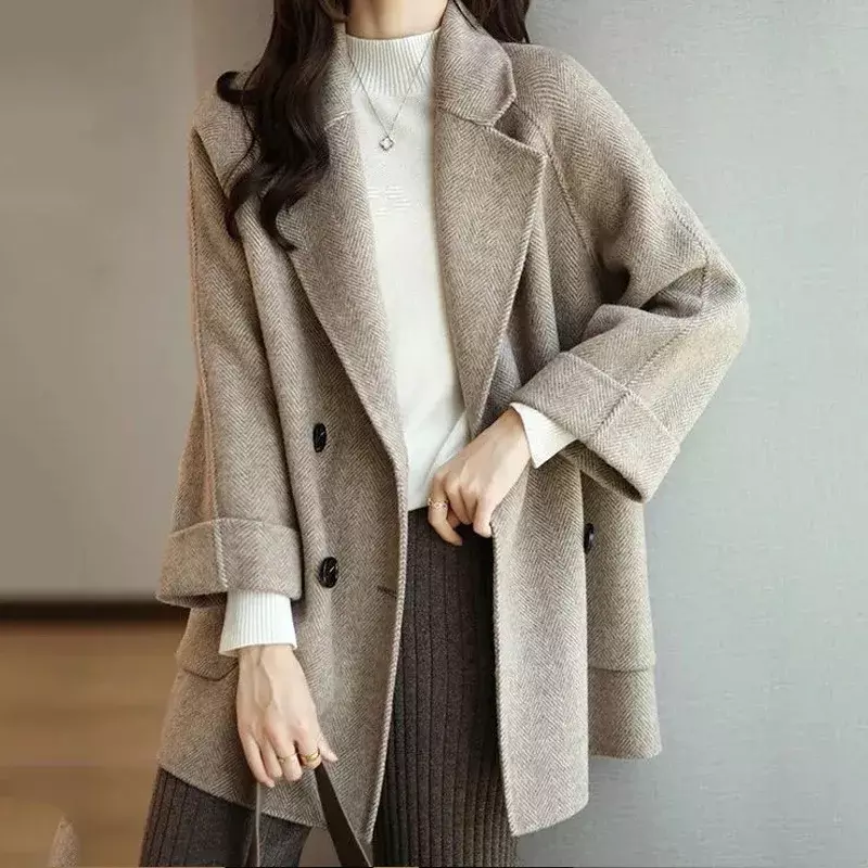 Średniej długości wełniany płaszcz damski jesienno-zimowy zagęszczony ciepły płaszcz luźna cienka Tweed Trench duży stocznia kurtka damska