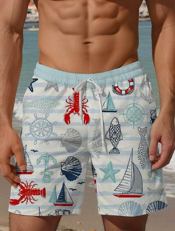 Pantalones cortos de tabla de velero langosta para hombre, bañadores cortos hawaianos con estampado 3D, cordón elástico, estilo Aloha clásico
