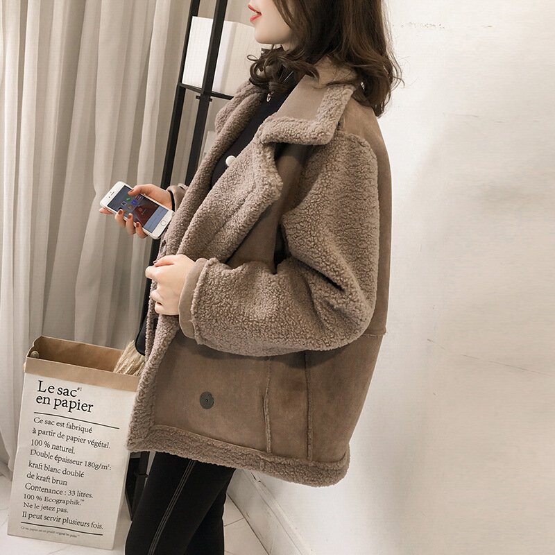 Куртка женская однотонная из овечьей шерсти, в Корейском стиле, свободная, в стиле бойфренд, с мехом, интегрированная плюшевая, мотоциклетная куртка, 2023