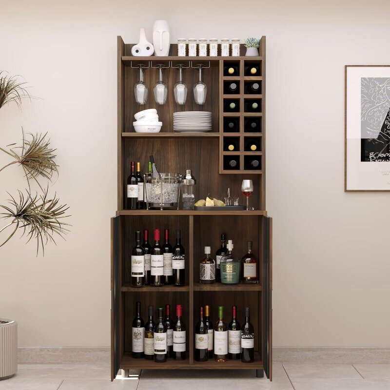 Kabinet Bar anggur untuk minuman keras dan kacamata dengan 12 rak botol anggur, kabinet penyimpanan Hutch dapur untuk ruang makan