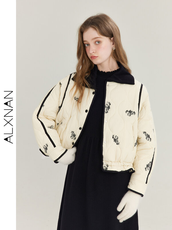 ALXNAN Women's Short Jacket 2024 Retro Temperament Lapel Warm Long Sleeve Parkas New Chinese Style Printed Cotton Jacket T01027