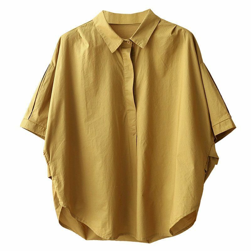 Blusa de manga curta meia fivela feminina, camisa extragrande cor sólida, blusas finas, casual, solta, tendência verão, moda, 95% algodão
