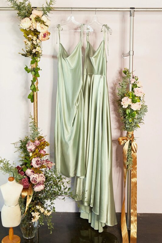 FATAPAESE Mint Green Bridesmaid Dresses Sexy Side Slit Backless Gown Long Satin Spaghetti Strap Summer Evening Dress For Women