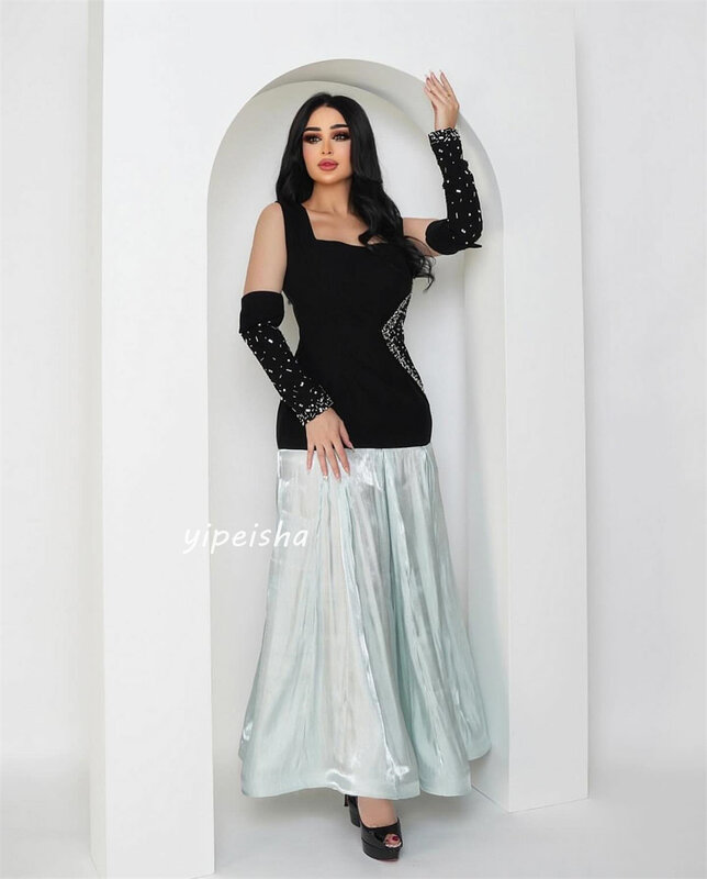 Prom Dress Evening Saudi Arabia Jersey Sequined Ruched Formal Evening A-line Square Neck Bespoke Occasion Gown Midi Dresses
