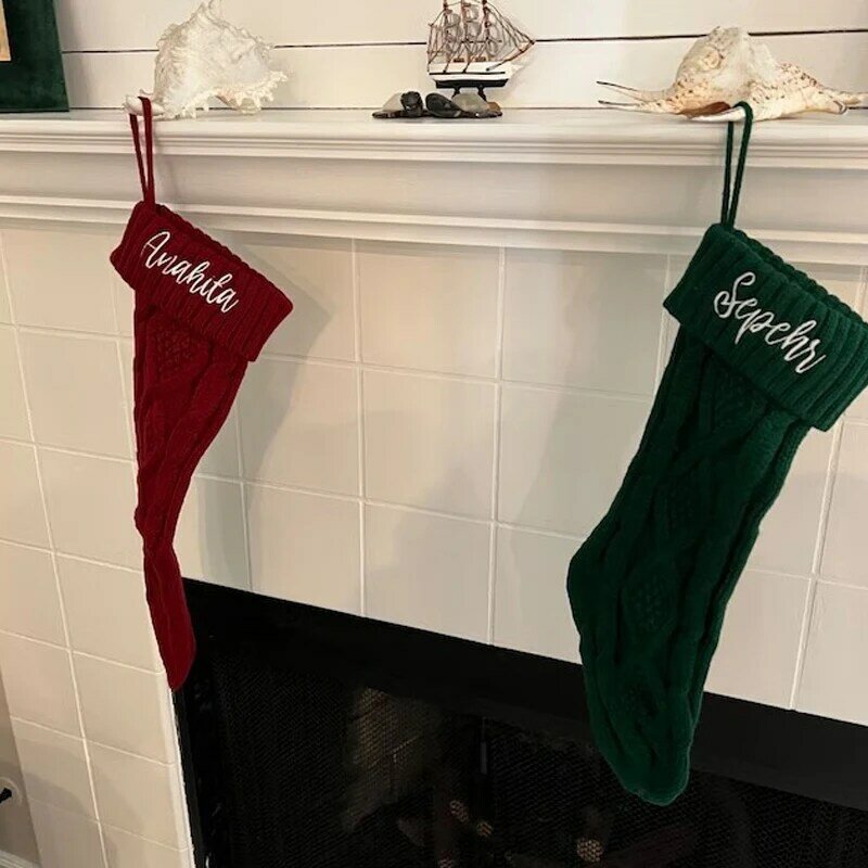 Вышитые вязаные рождественские носки, Рождественские декоративные принадлежности, Подарочный мешок, шерстяные рождественские носки