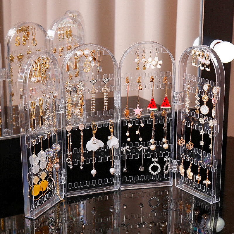 Estante de exhibición de pendientes de plástico transparente, pantalla plegable, soporte de exhibición de joyería, almacenamiento de tachuelas, 120 agujeros