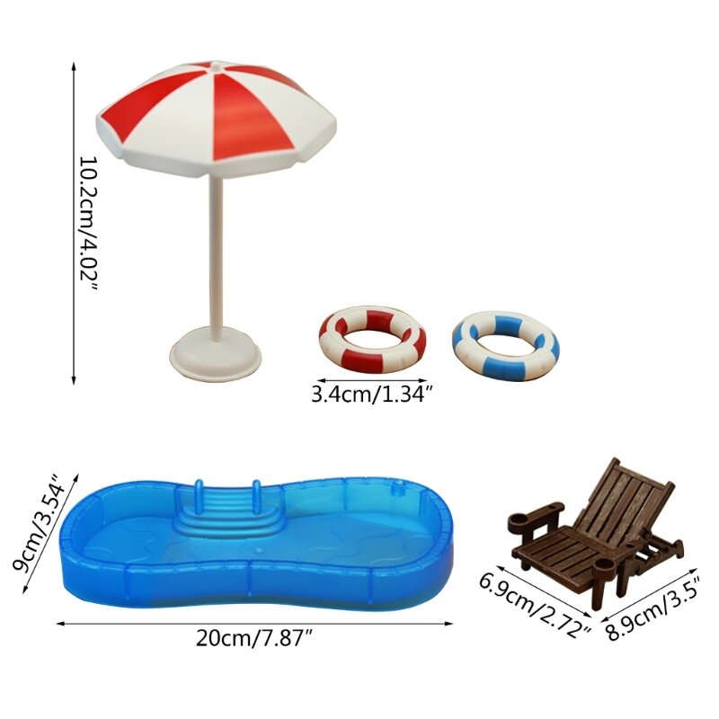 Mini Dollhouse-Decoration Summer-Beach Swimming Pool Chair Umbrella Figurine Set