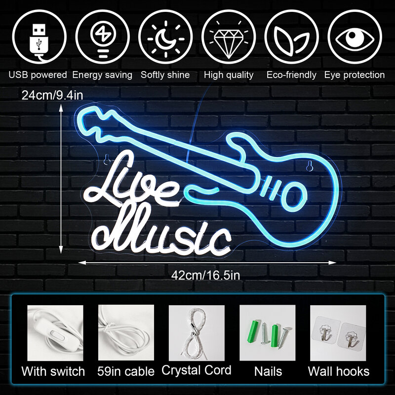 Live Music Neon Sign Guitar LED Art Wall Lamp Party Studio Room Bar Night Club Room Decoration Lights Nice Gift For Music Lover